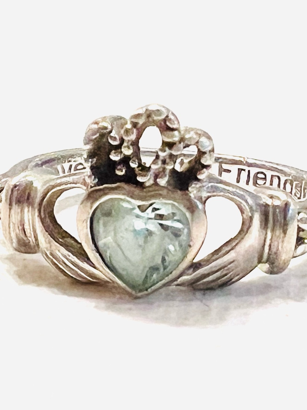 Sterling Claddagh Heart Ring with Light Aquamarine Gem
